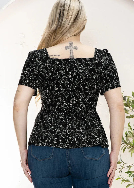 Plus Size Floral Ruffle Hem Short Sleeve Top