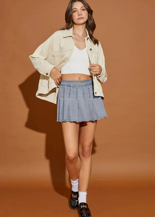 Pleated Denim Mini Skirt