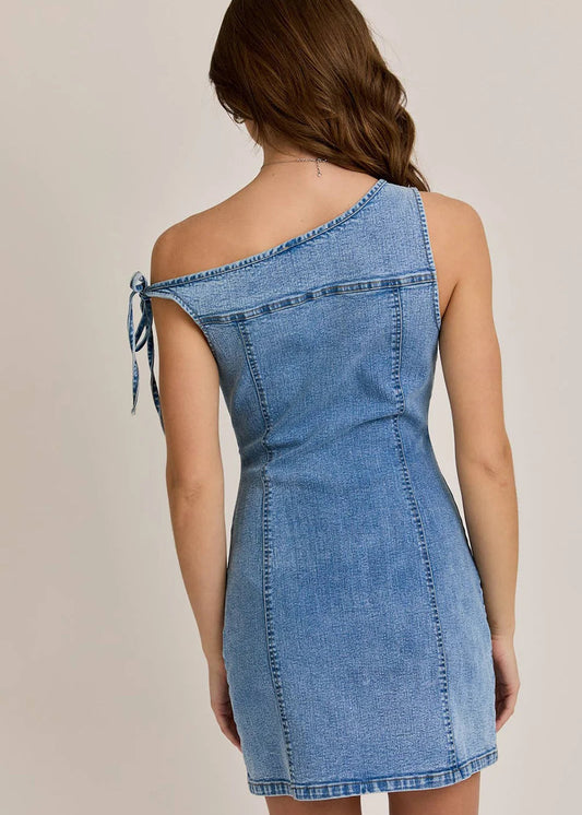 Asymmetrical One-Shoulder Denim Mini Dress
