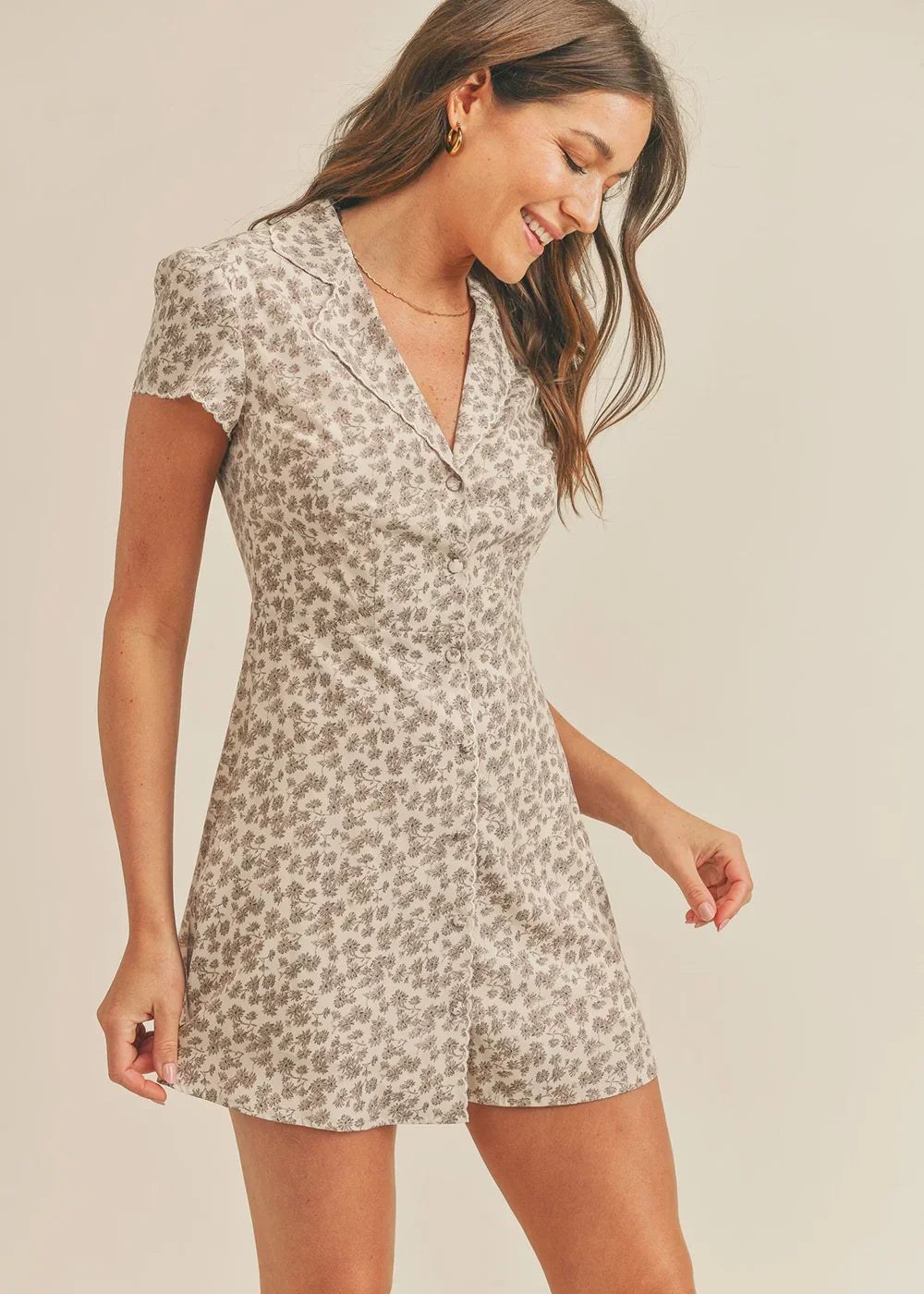 Floral Button Down Short Sleeve Mini Dress