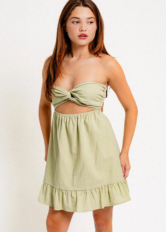 Cut Out Strapless Twist Front Mini Dress