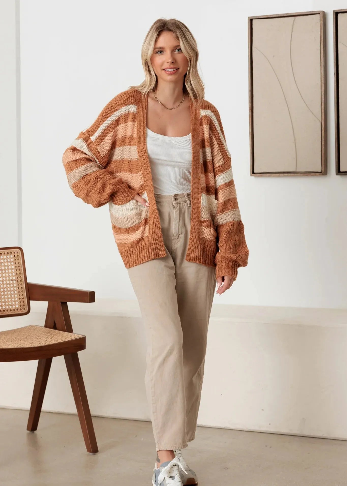 Striped Crochet Knit detail Two Pocket Open Cardigan