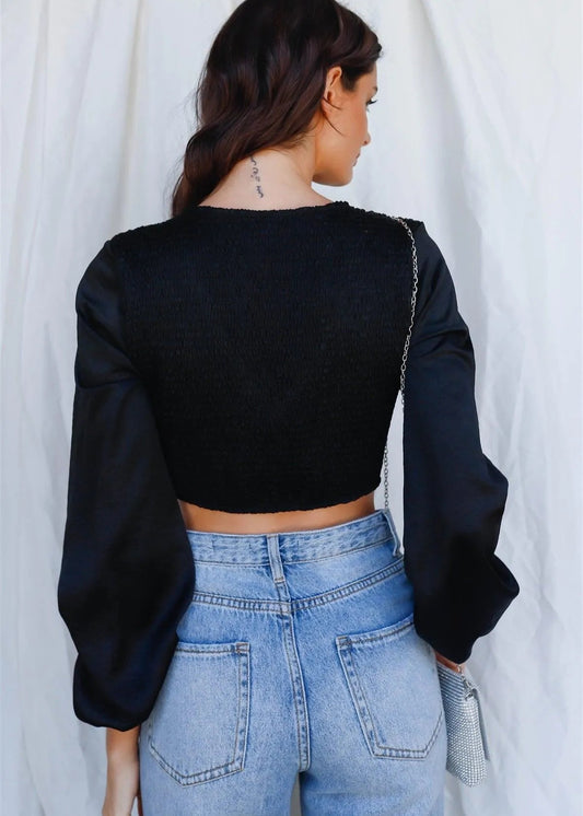 Black Textured Satin Effect Smocked Balloon Long Sleeve Crop Top
