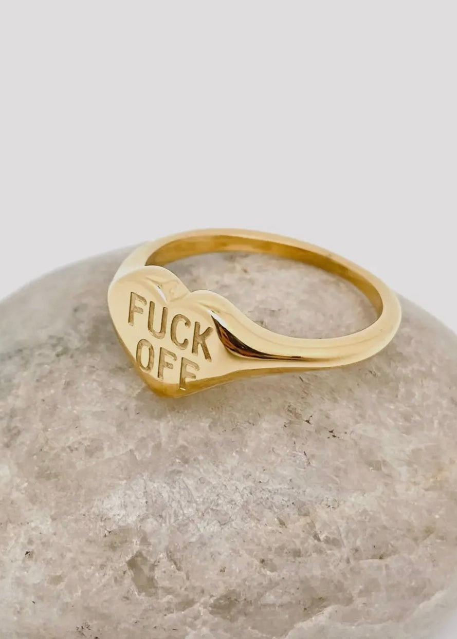 "Fuck Off" Heart-Shaped 18K Gold Plated Stainless Steel Ring