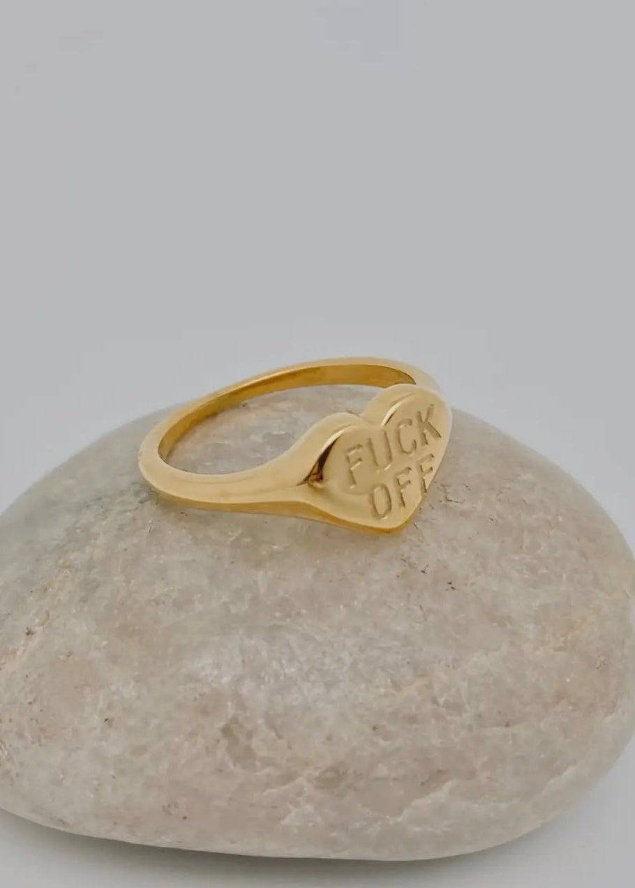 "Fuck Off" Heart-Shaped 18K Gold Plated Stainless Steel Ring
