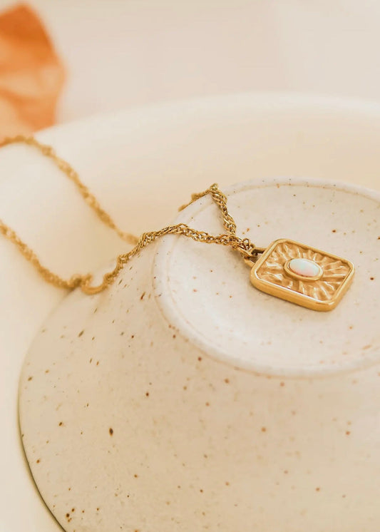 Elaine 18K Non-Tarnish Rectangle Stone Sun Necklace