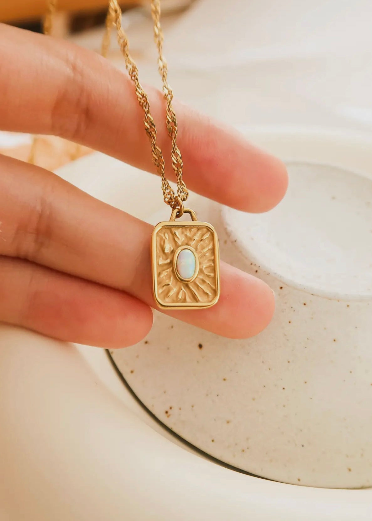 Elaine 18K Non-Tarnish Rectangle Stone Sun Necklace