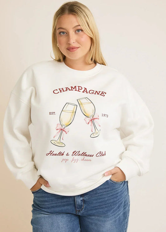 Plus Size Cream "Champagne Health Wellness Club" Graphic Long Sleeve Sweatshirt