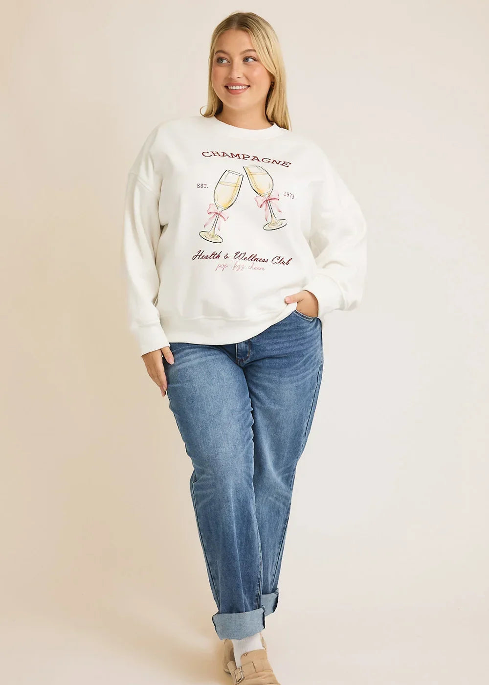 Plus Size Cream "Champagne Health Wellness Club" Graphic Long Sleeve Sweatshirt