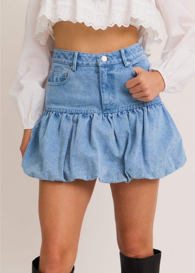 Puff Hem Denim Mini Skirt