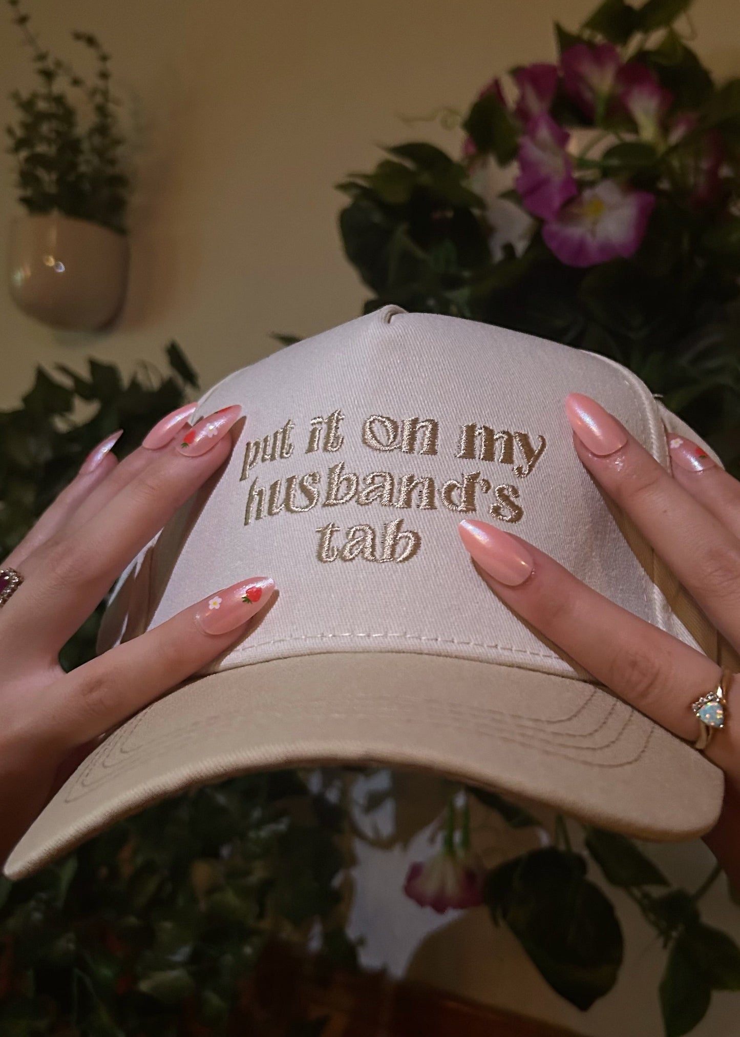 Beige "Put it on my husband's tab" Trucker Hat