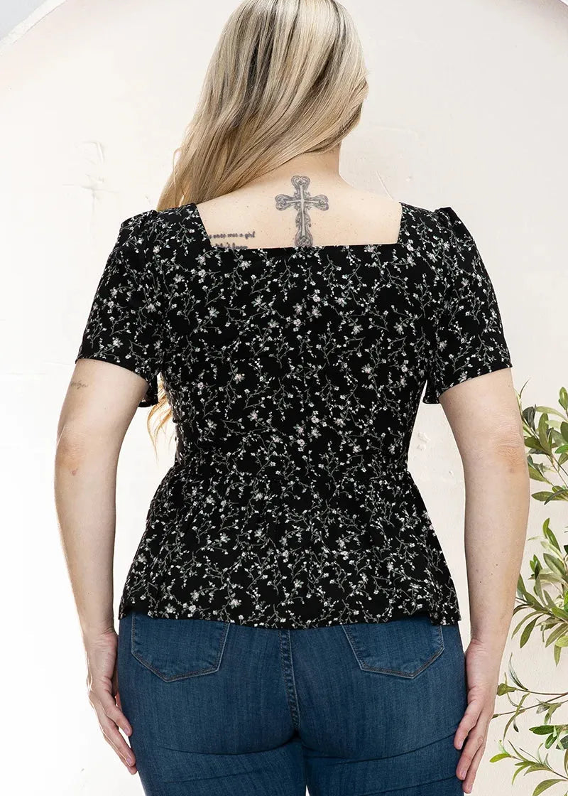 Plus Size Floral Ruffle Hem Short Sleeve Top
