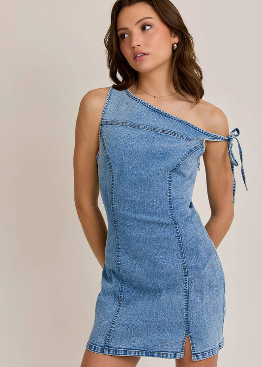 Asymmetrical One-Shoulder Denim Mini Dress