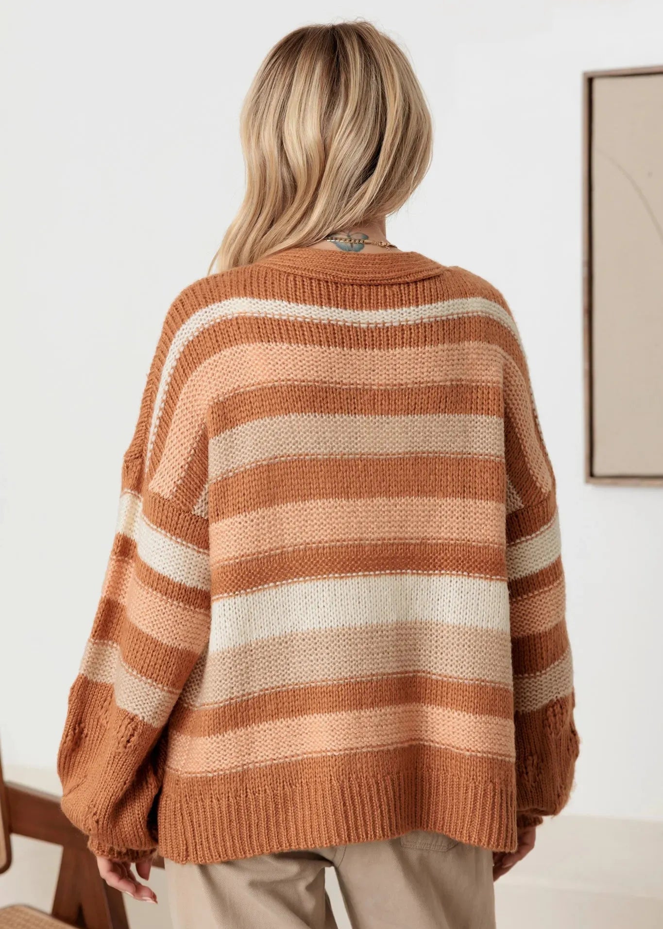 Striped Crochet Knit detail Two Pocket Open Cardigan