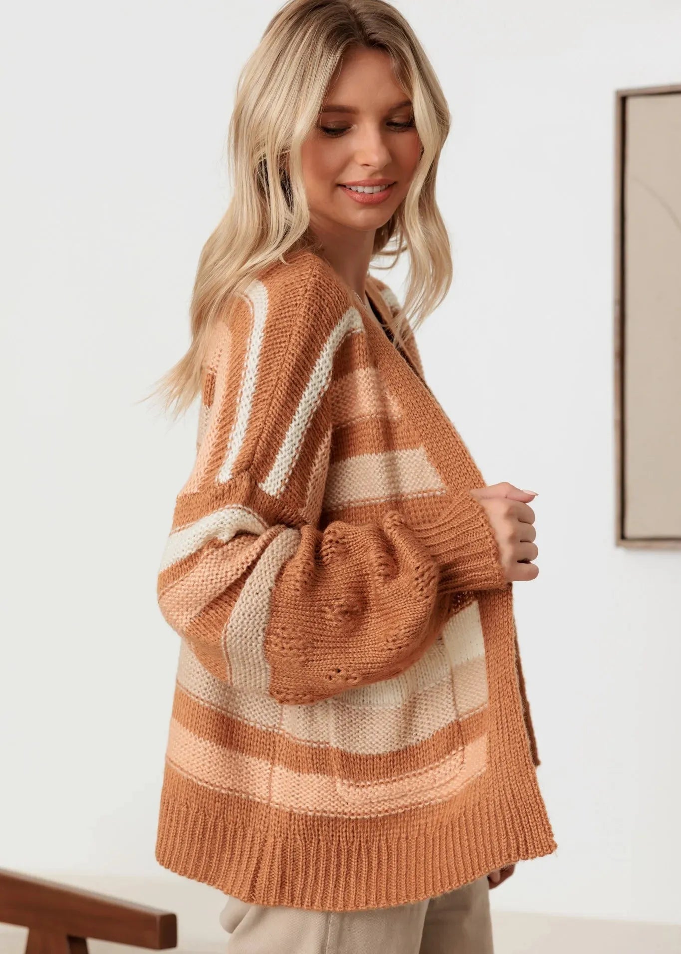 Striped Crochet Knit detail Two Pocket Open Cardigan