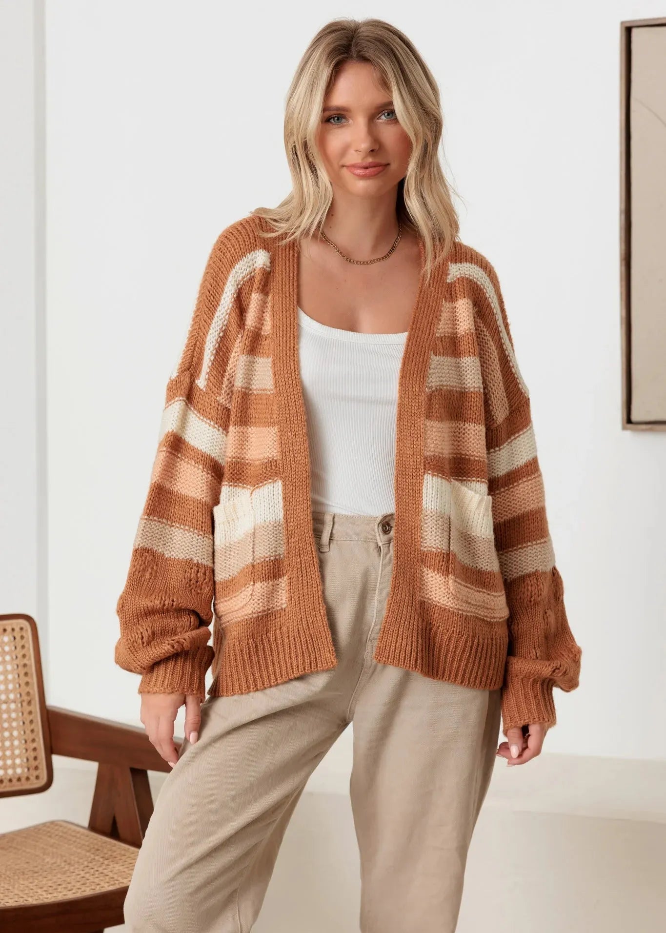 Striped Crochet Knit detail Two Pocket Open Cardigan