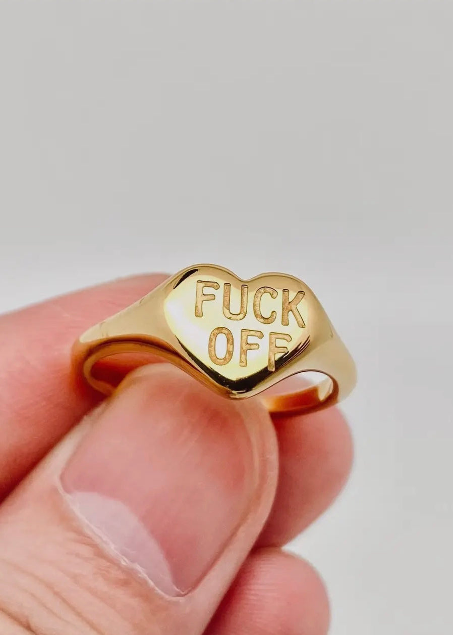 "Fuck Off" Heart-Shaped 18K Gold Plated Stainless Steel Ring
