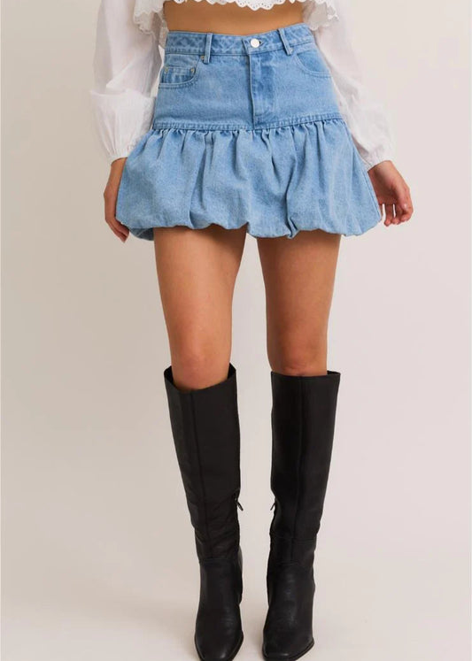 Puff Hem Denim Mini Skirt
