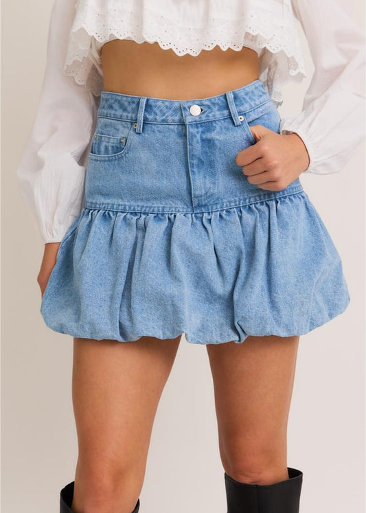 Puff Hem Denim Mini Skirt